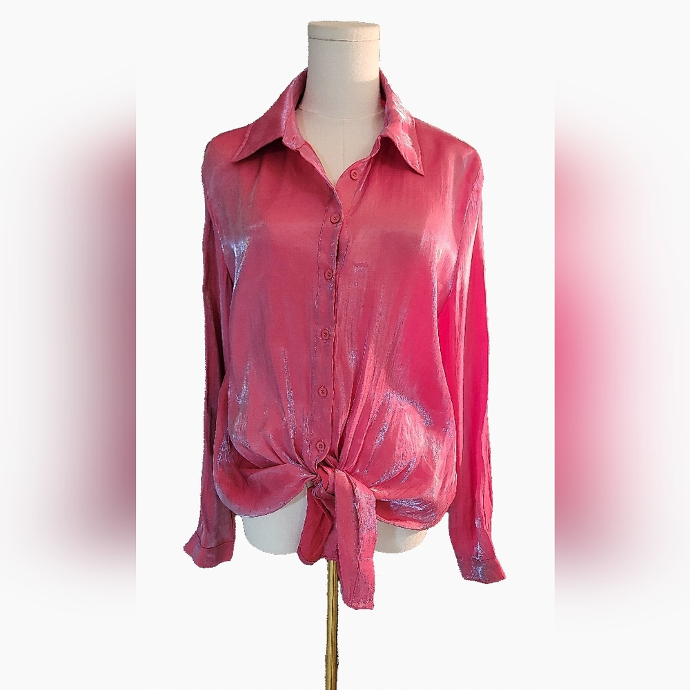 PrettyLittleThing‎ Glossy Pink Tie-Front Blouse